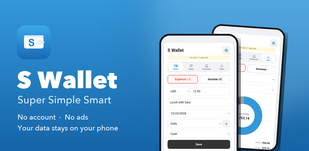S Wallet: the app icon, the line “Super Simple Smart”, and two phone screens showing quick add and the spending chart
