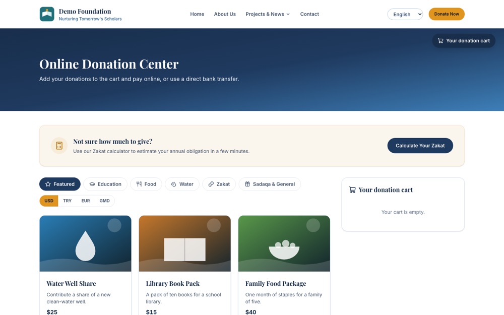 Online donation center with currency choice, donation items and a donation cart