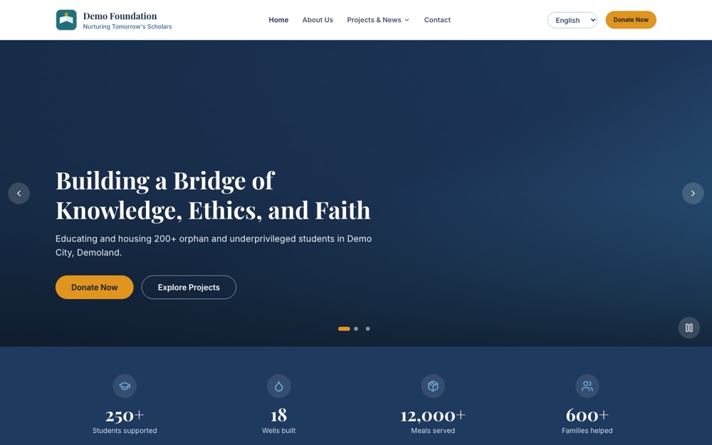 Foundation public website home page with a hero banner, a Donate Now button and impact figures