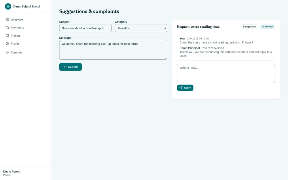 Suggestions and complaints form with a conversation thread